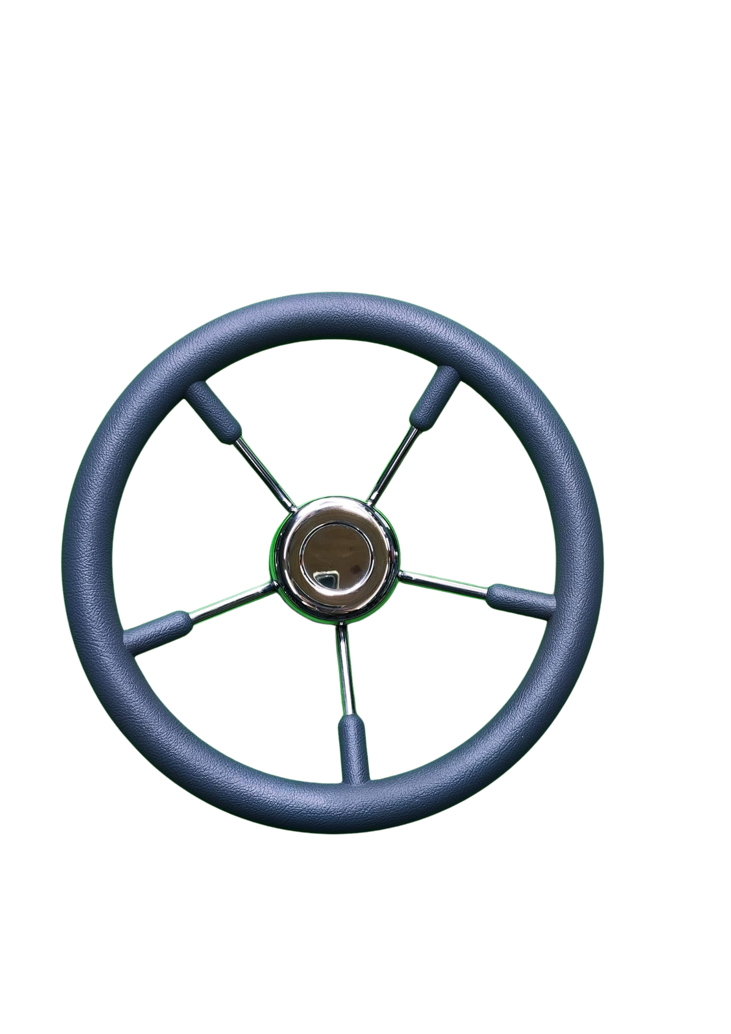 VOLANTE GRIS POLIPIEL CINCO VARILLAS METÁLICAS Y TAPA METAL 28 CM