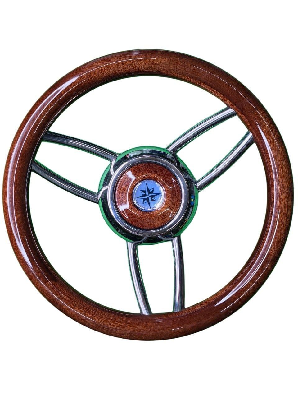 VOLANTE MADERA CON 3 DOBLE BRAZO METALIZADO, APLIQUE CENTRAL EN MADERA Y CON ESTRELLA DECORATIVA, 35CM