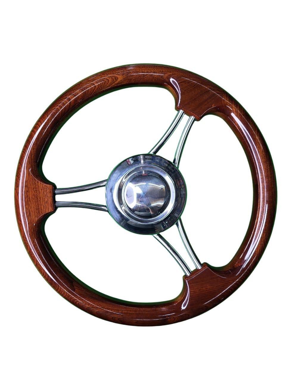 VOLANTE DE MADERA LACADO, 3 BRAZOS METÁLICOS Y PARTE CENTRAL DE METAL 35CM